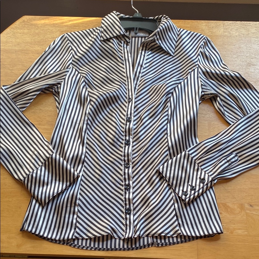 Wallis Woman's Black white striped “ENGLAND" Long Sleeve Blouse Top Size 8 like